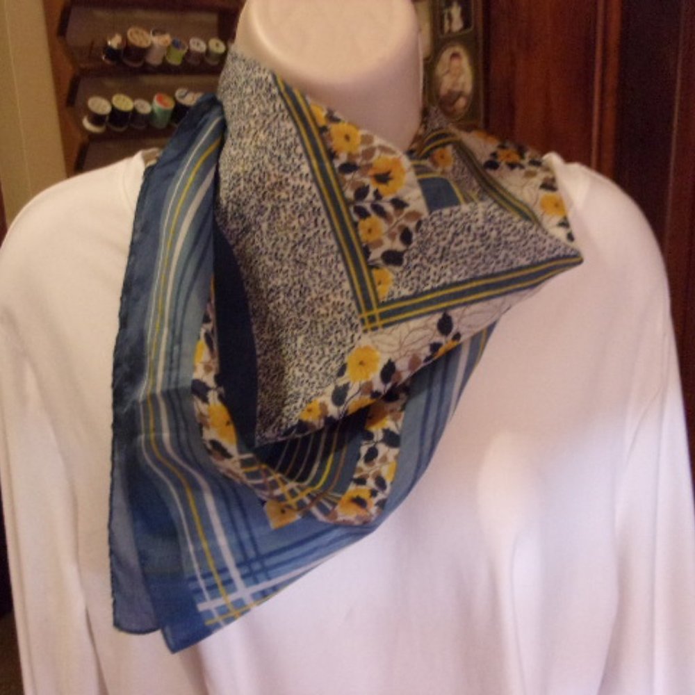 Vintage Blue Yellow Floral Print Scarf 25" x 25"
